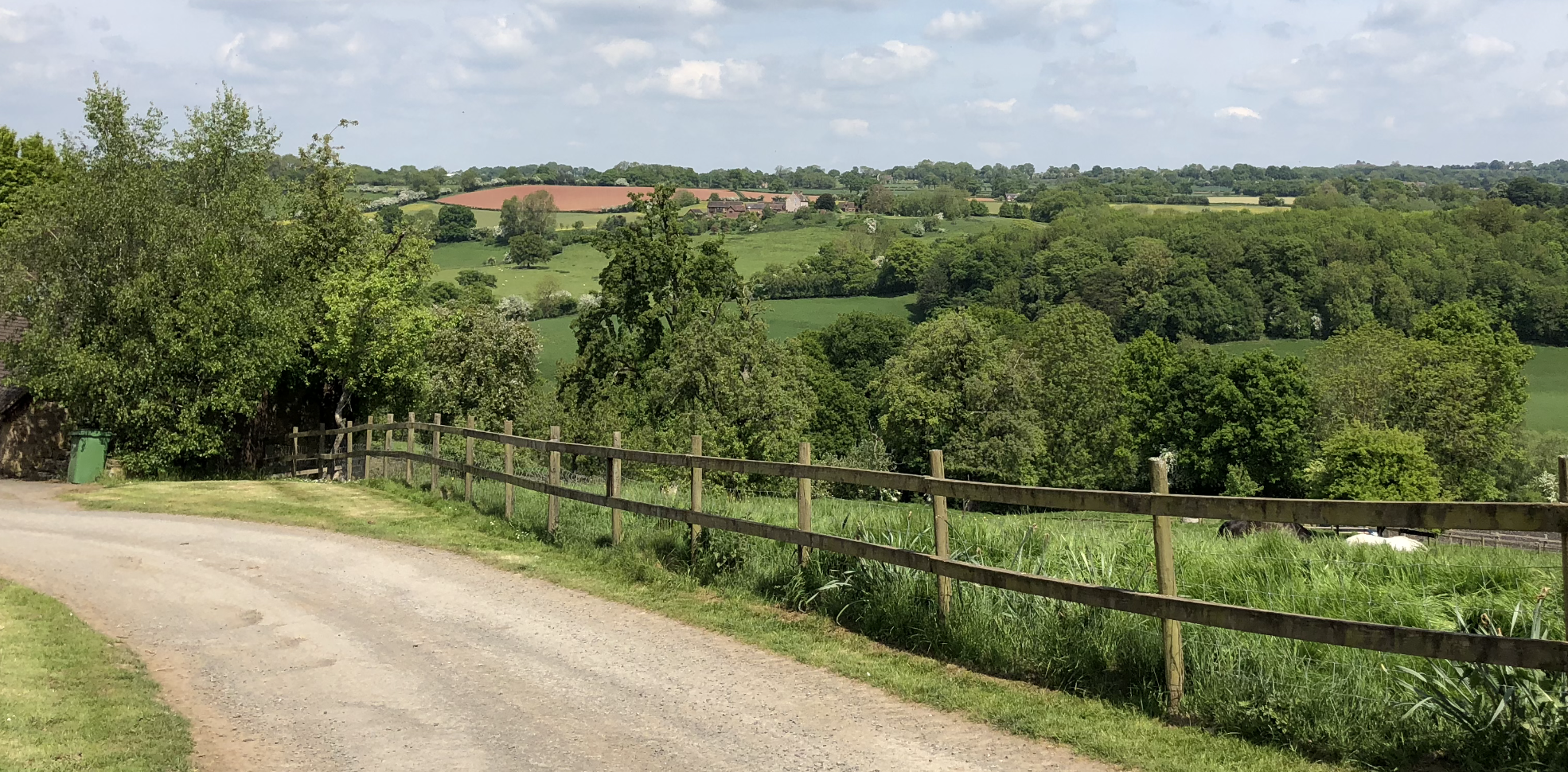 The downhill tarmacked drive is edged with green grass; beyond there’s a railed fence closing a field of tall grass with two horses slightly in view grazing. The vista beyond is the Severn valley, a beautiful scene of fields, trees and open countryside flowing away until it touches the sky of a typical English summer day.
